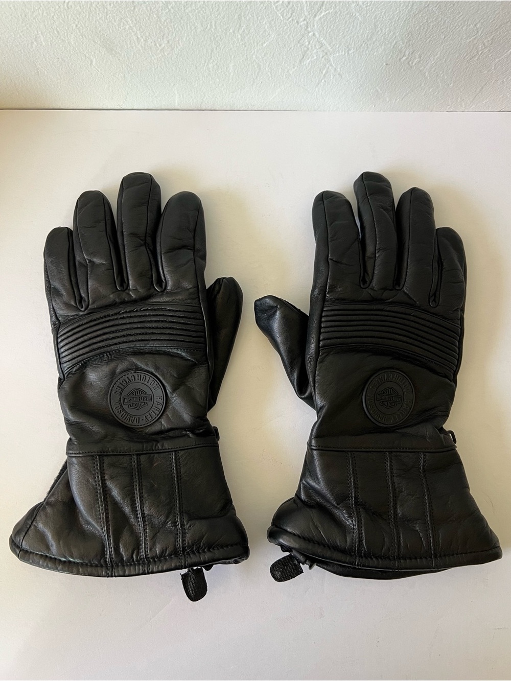 Harley Davidson Black Leather Insulated Gauntlet Motorcycle Gloves All Seasons - Picture 2 of 12